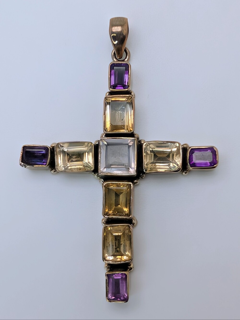Large Multi Stone Cross Pendant Amethyst, Citrine, Quartz S925 Sterling Silver - Picture 1 of 5